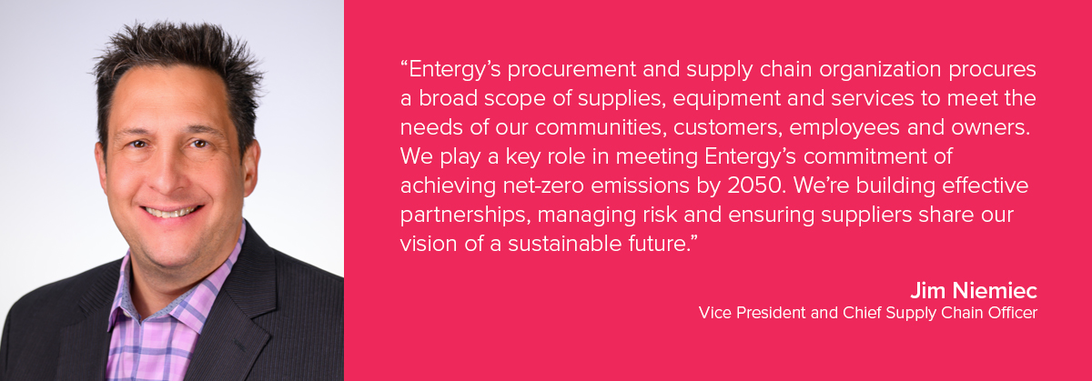 Entergy's procurement and supply chain organization procures a broad scope of supplies, equipment and services to meet the needs of our communities, customers, employees and owners. We play a key role in meeting Entergy's commitment of achieving net-zero emissions by 2050. We're building effective partnerships, managing risk and ensuring suppliers share our vision of a sustainable future. -Jim Niemiec, vice president and Chief Supply Chain Officer